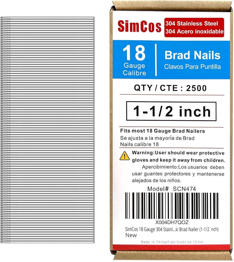 SimCos 18 Gauge 304 Stainless Steel Brad Nails 18 GA Nail Gun Nails Assorted and Small Finishing Nails for Pneumatic, Electric Brad Nailer (1-1/2 Inch) - Image 1